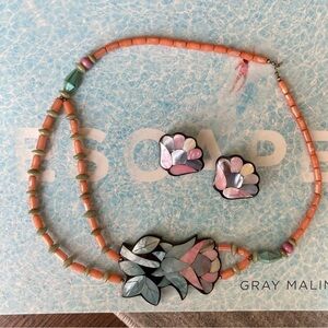 Vintage Lee Sands Inlaid Mother of Pearl Flower Necklace and Earring Set